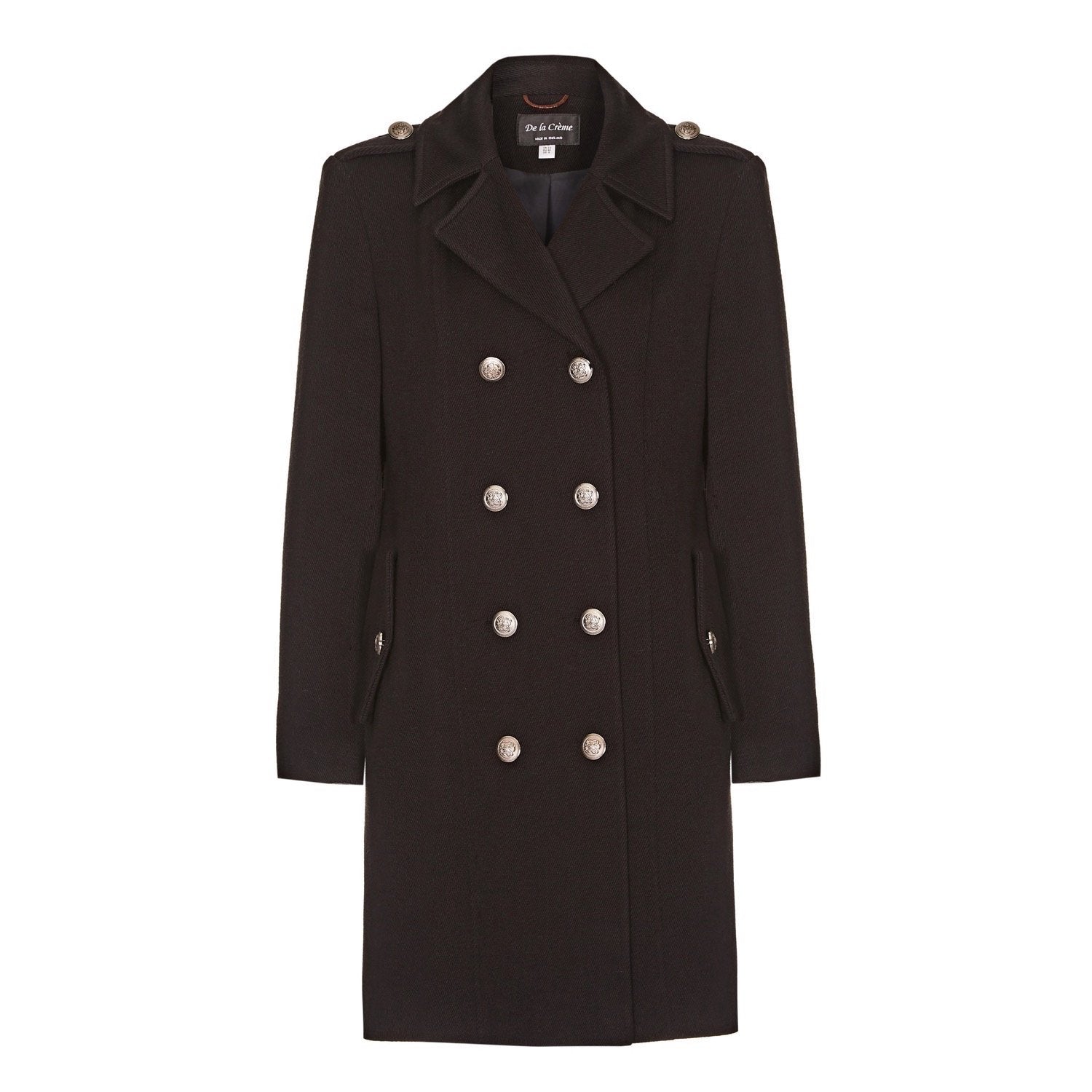 Black Rose Eleusis double-breasted twill military coat from 1908, featuring classic design and structured silhouette.