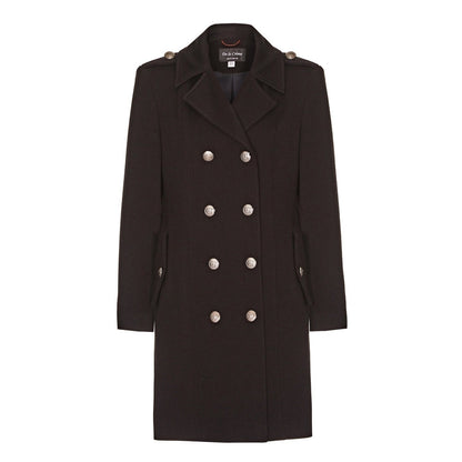 Black Rose Eleusis double-breasted twill military coat from 1908, featuring classic design and structured silhouette.
