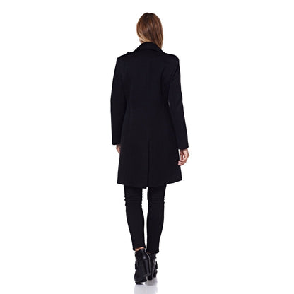 Black double-breasted twill military coat by Rose Eleusis with structured collar and button details, classic vintage style.
