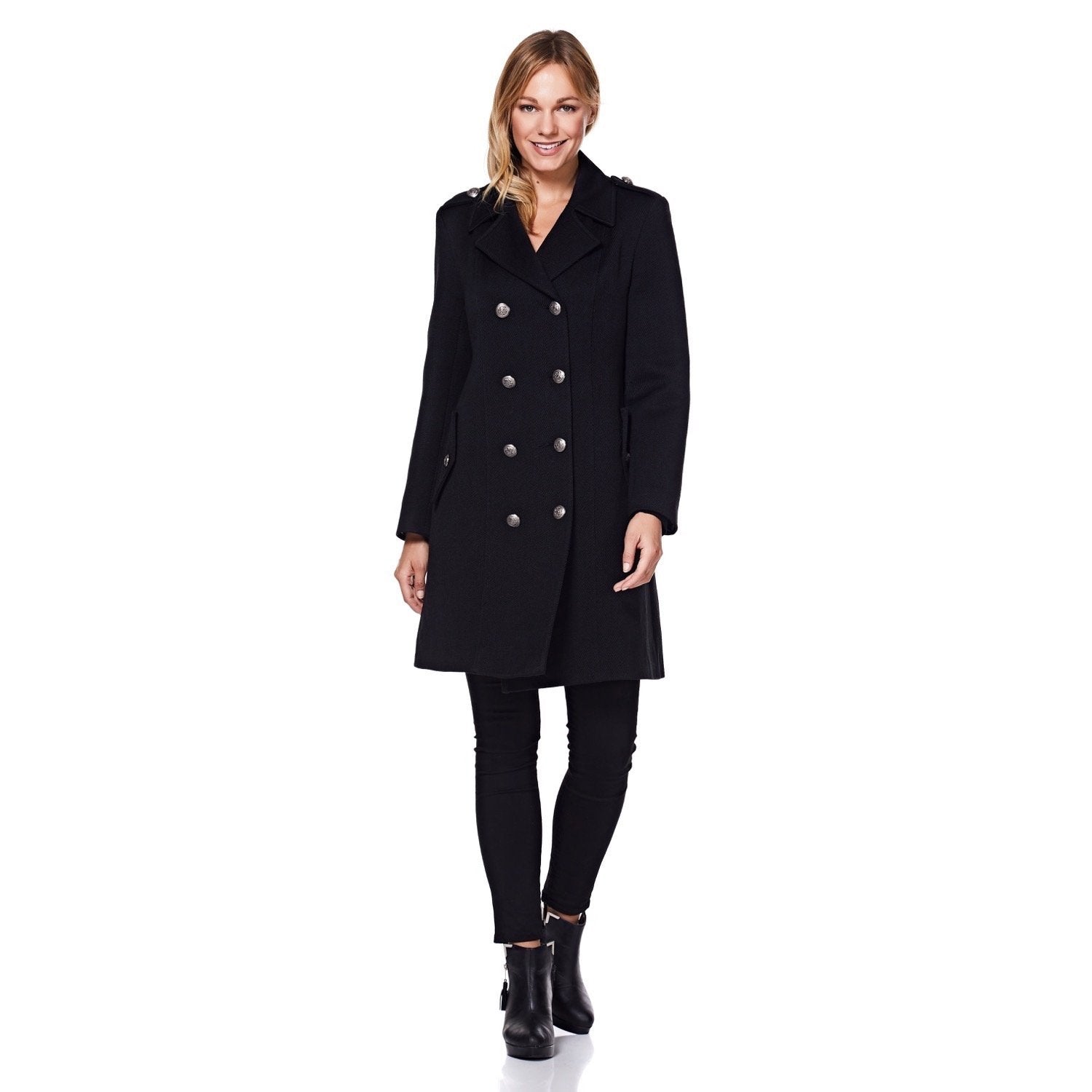 Black double-breasted twill military coat by Rose Eleusis with structured collar and button details, vintage 1908 jacket style.