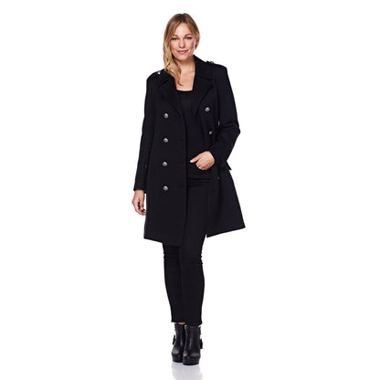 Black double-breasted twill military coat for men by Rose Eleusis, featuring classic design and button details.