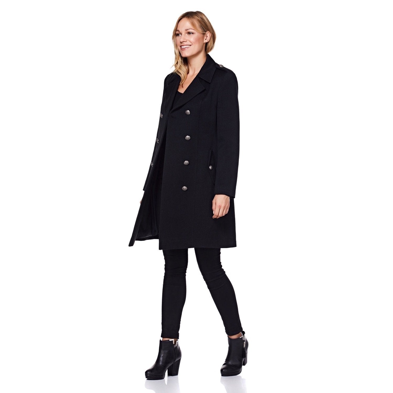 Black double-breasted twill military coat by Rose Eleusis, vintage 1908 style, featuring classic button details and tailored fit.
