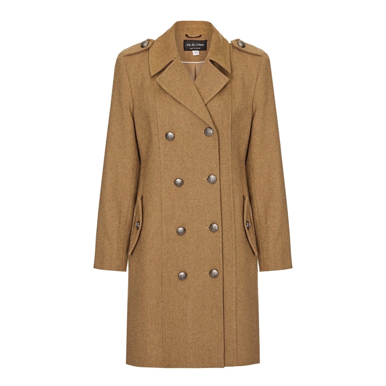 Camel double-breasted twill military coat for men by Rose Eleusis, vintage style jacket with epaulets and structured design.