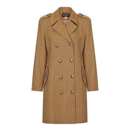 Camel double-breasted twill military coat for men by Rose Eleusis, vintage style jacket with epaulets and structured design.