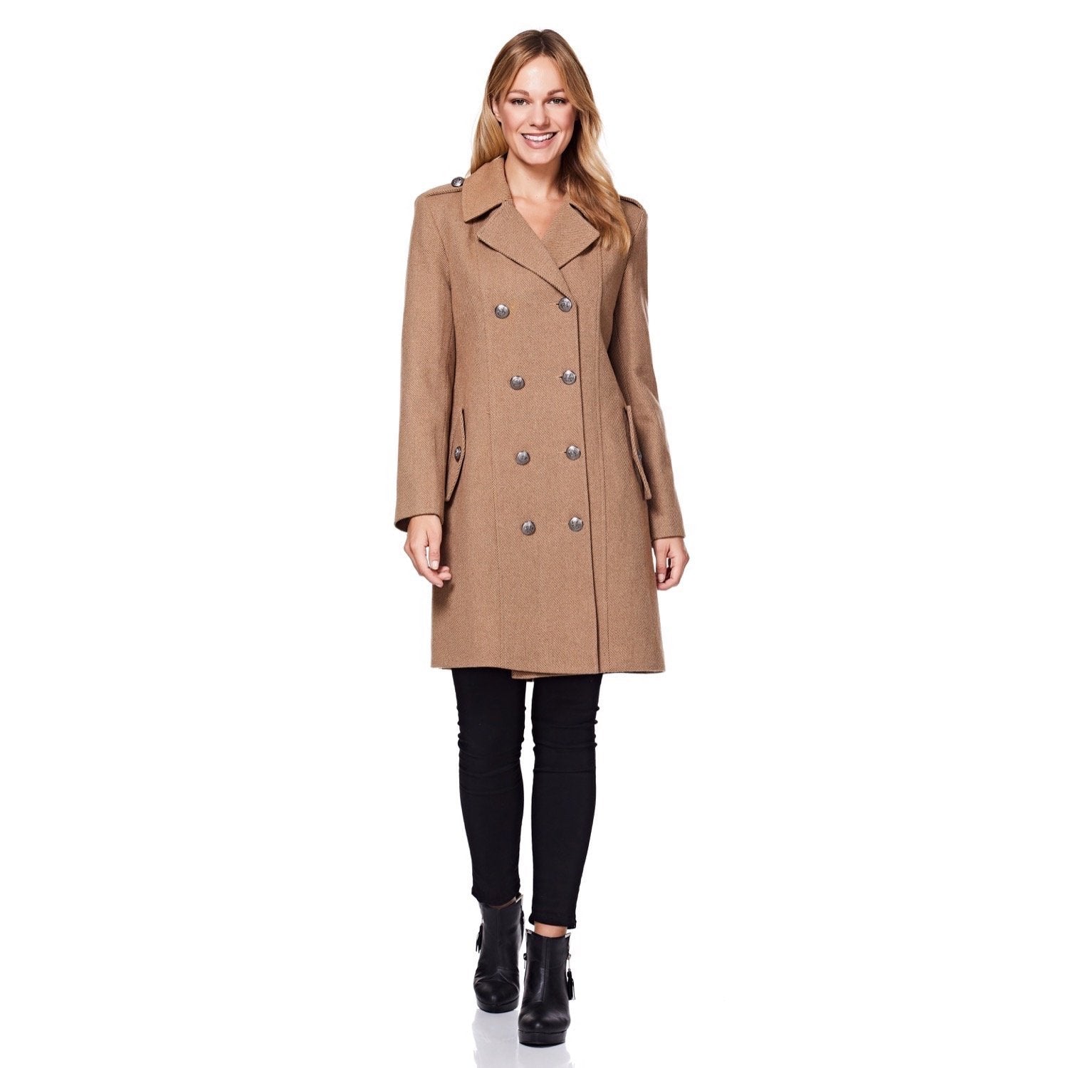 Rose Eleusis double-breasted twill military coat from 1908 in camel color, showcasing classic design and tailored fit.