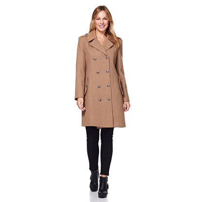 Rose Eleusis double-breasted twill military coat from 1908 in camel color, showcasing classic design and tailored fit.