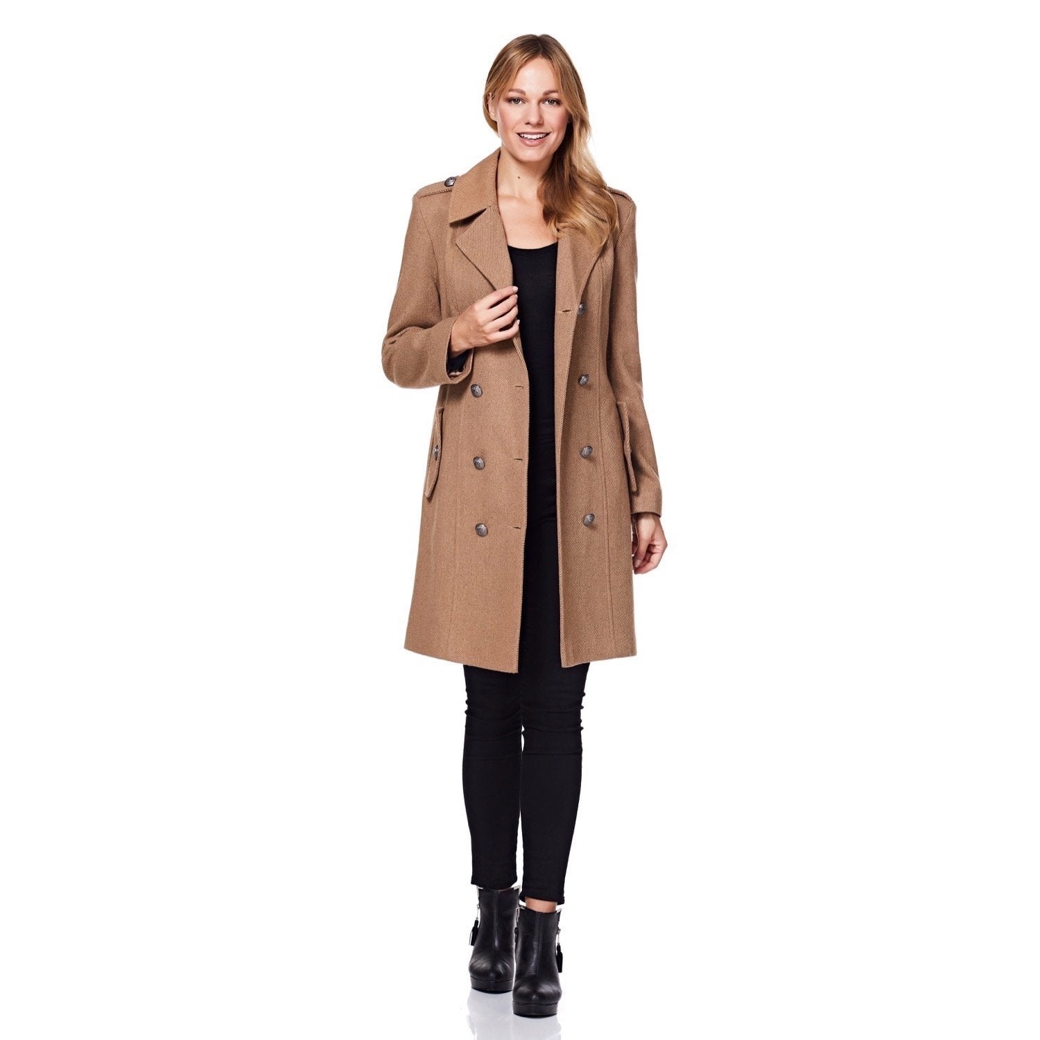 Camel double-breasted twill military coat by Rose Eleusis featuring classic design and structured fit, suitable for stylish outerwear.