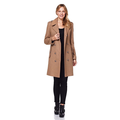 Camel double-breasted twill military coat by Rose Eleusis featuring classic design and structured fit, suitable for stylish outerwear.