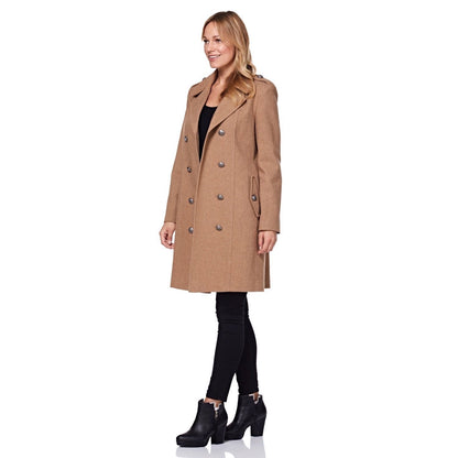 Camel double-breasted twill military coat by Rose Eleusis, featuring classic design and structured fit, from the 1908 collection.