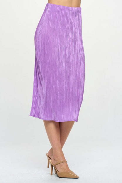 Vibrant plisse midi skirt by Jade Icarus, made in the USA, displayed in bright colors and flowing fabric.