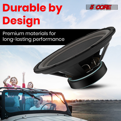 Pair of 15-inch Start2Finish automotive subwoofers with deep bass, 900W output, 4-ohm impedance, designed for car audio systems.