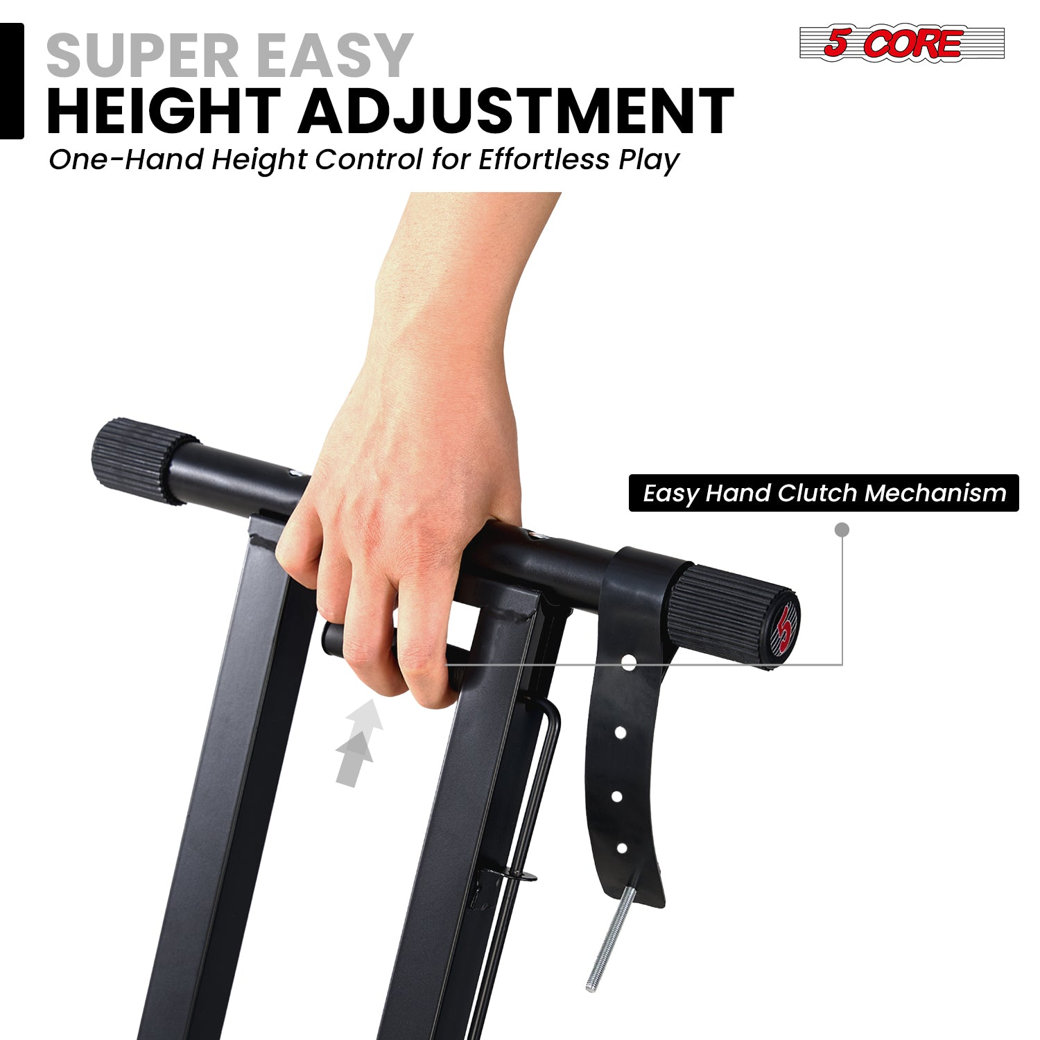 Start2Finish 5-core keyboard stand with adjustable height, quick-release trigger, portable design, ideal for DJ and musical instrument use.