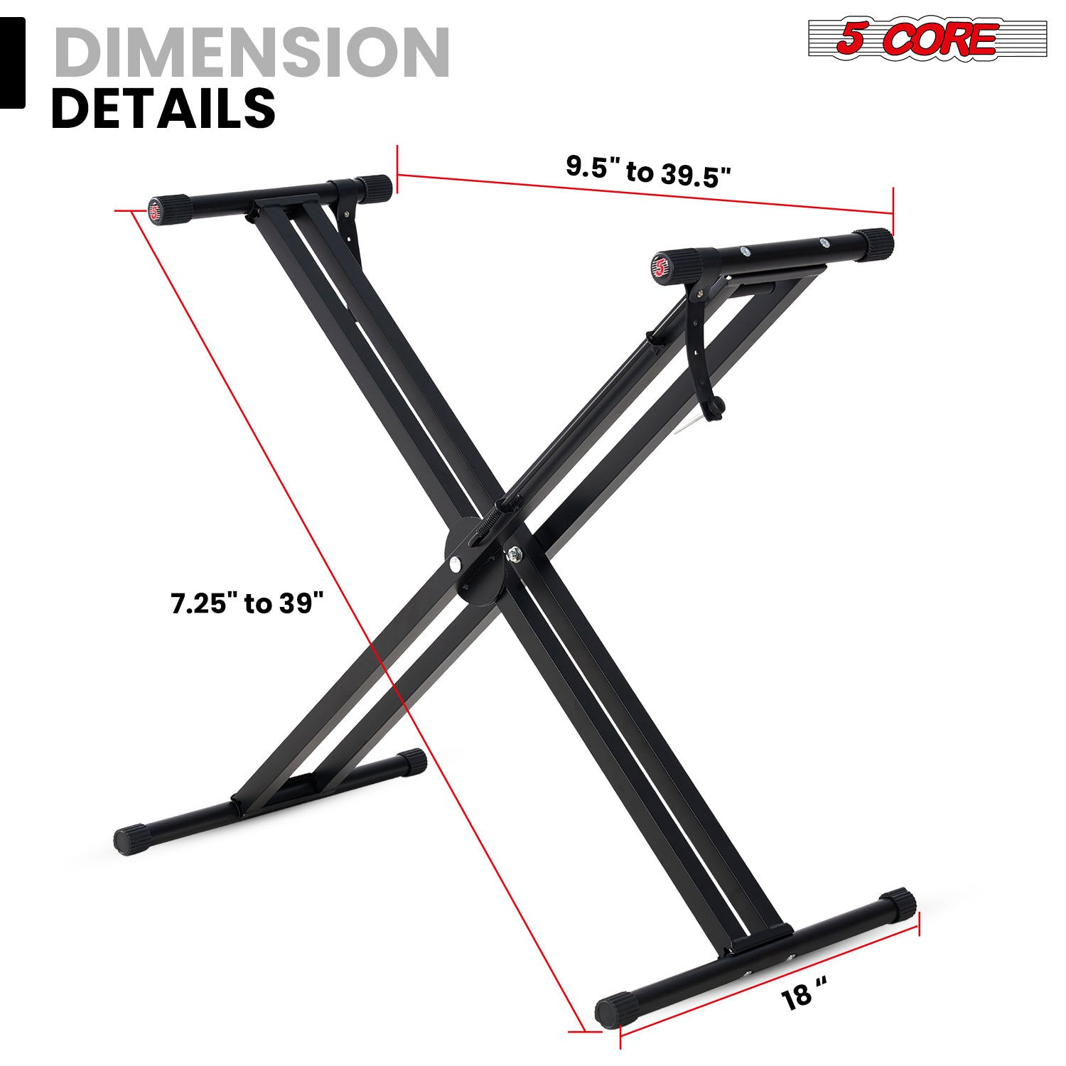 Start2Finish 5 Core keyboard stand with adjustable height, quick release, portable design, ideal for DJ and musical instrument setups.