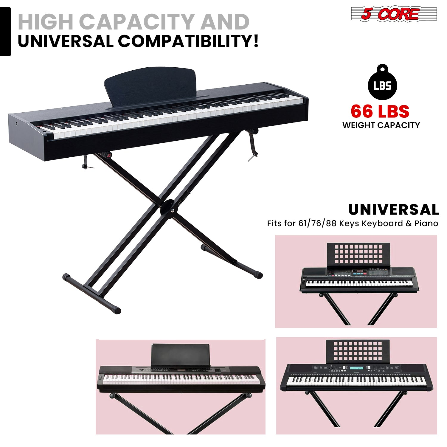Start2Finish 5 Core keyboard stand with adjustable height, quick release trigger, portable design, for DJ and musical instrument use.