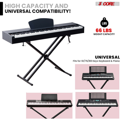 Start2Finish 5 Core keyboard stand with adjustable height, quick release trigger, portable design, for DJ and musical instrument use.