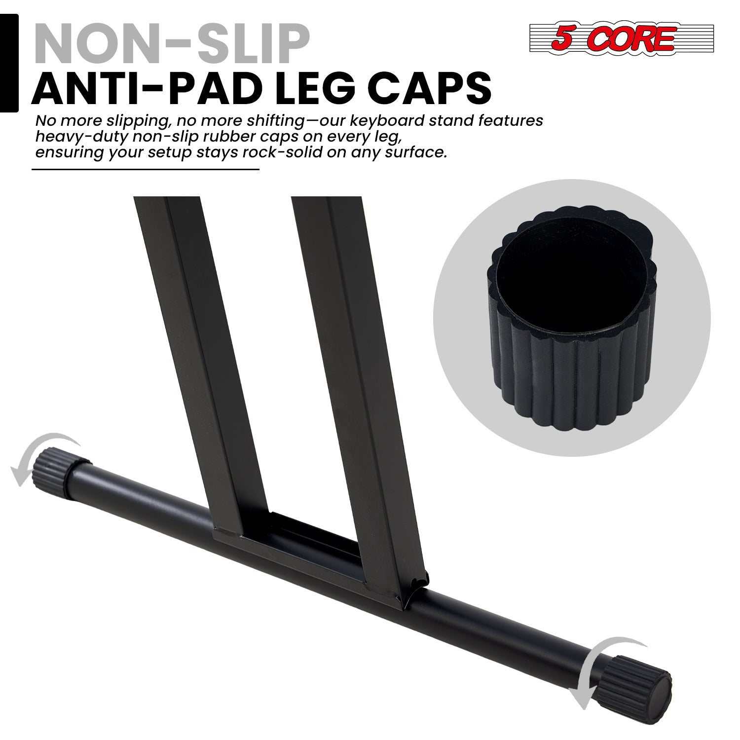 Start2Finish 5 Core keyboard stand with adjustable height and quick release trigger for portable DJ and musical instrument setup.