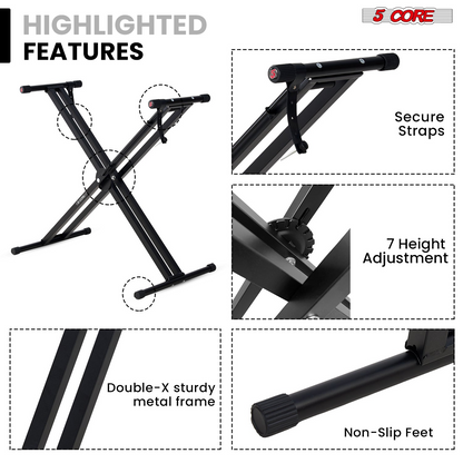 Start2Finish 5-core adjustable keyboard stand with quick-release trigger, portable and height adjustable for musical instruments.