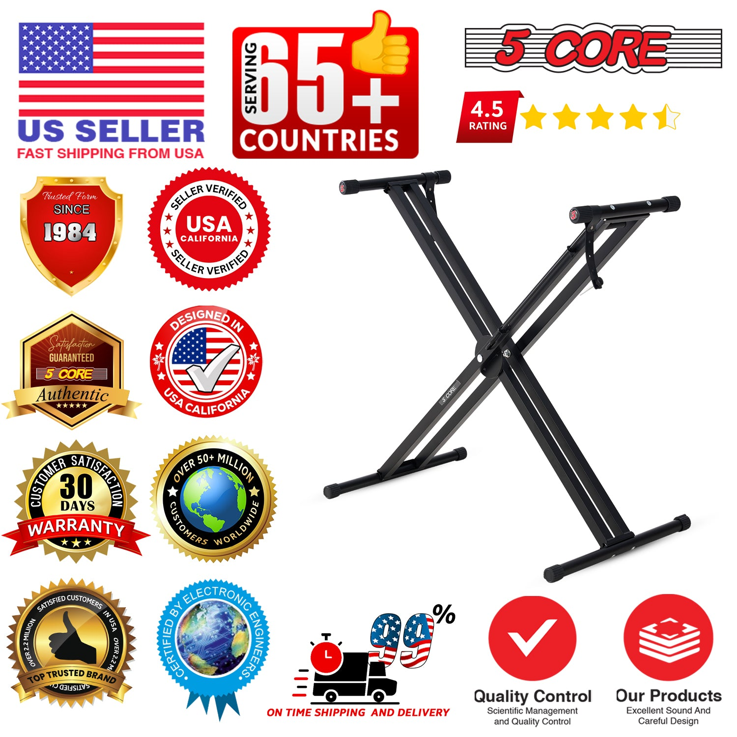 Start2Finish 5-core keyboard stand with adjustable height, quick release trigger, portable design for musical instruments and DJ setups.