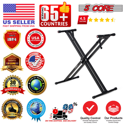 Start2Finish 5-core keyboard stand with adjustable height, quick release trigger, portable design for musical instruments and DJ setups.