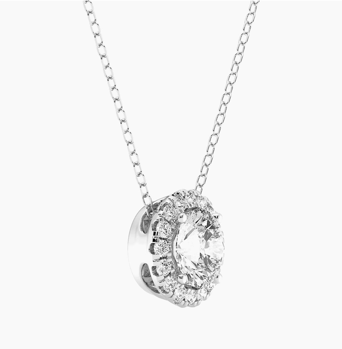 Start2Finish 14kt white gold lab-grown diamond halo pendant necklace with 2 carats total weight, AGI certified, showing the pendant detail.