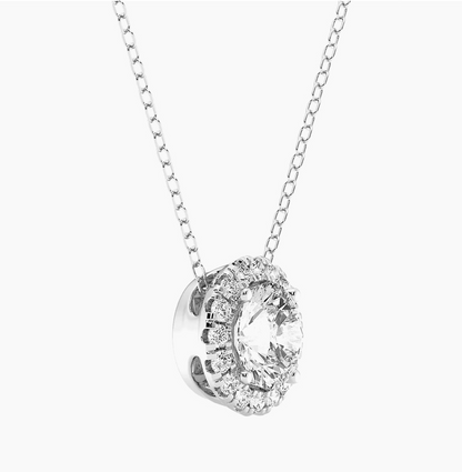 Start2Finish 14kt white gold lab-grown diamond halo pendant necklace with 2 carats total weight, AGI certified, showing the pendant detail.