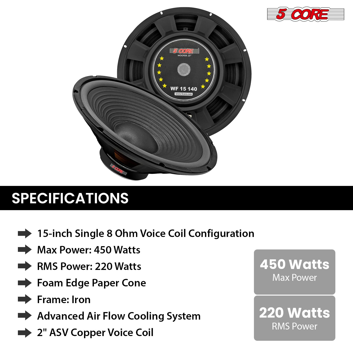Pair of 15-inch Start2Finish automotive car woofers with deep bass, 1000W, 4-ohm impedance, for enhanced sound system performance.