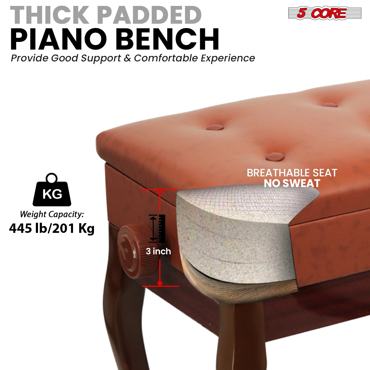 Start2Finish 5 Core padded piano bench with wooden frame, adjustable height, cushioned seat, and built-in storage for musical instruments.