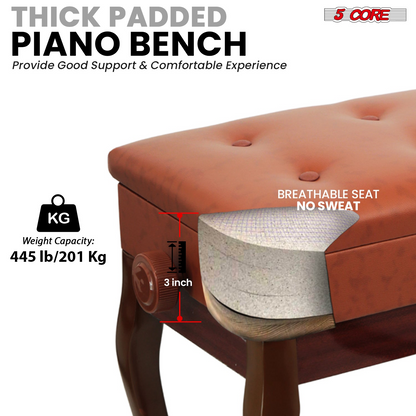 Start2Finish 5 Core padded piano bench with wooden frame, adjustable height, cushioned seat, and built-in storage for musical instruments.