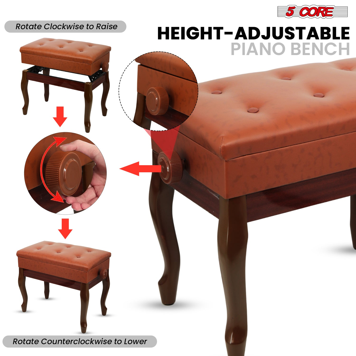 Start2Finish 5 Core Piano Bench with 3-inch padded cushion, wooden frame, adjustable height, and built-in storage for musicians