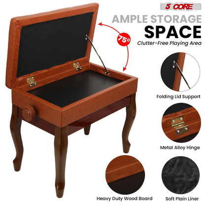 Start2Finish 5 Core padded piano bench with wooden frame, adjustable height and built-in storage for musicians.