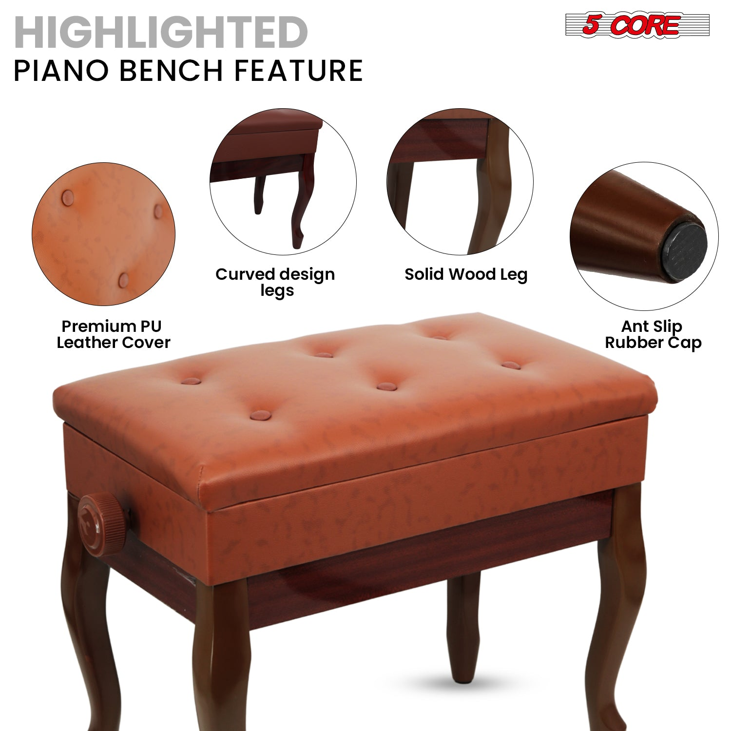 Start2Finish 5 Core Piano Bench with 3-inch padded cushion, wooden frame, adjustable height, and built-in storage for musicians.