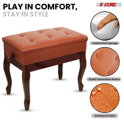 Start2Finish 5 Core Piano Bench with 3-inch padded cushion, wooden frame, adjustable height, and built-in storage for musicians.