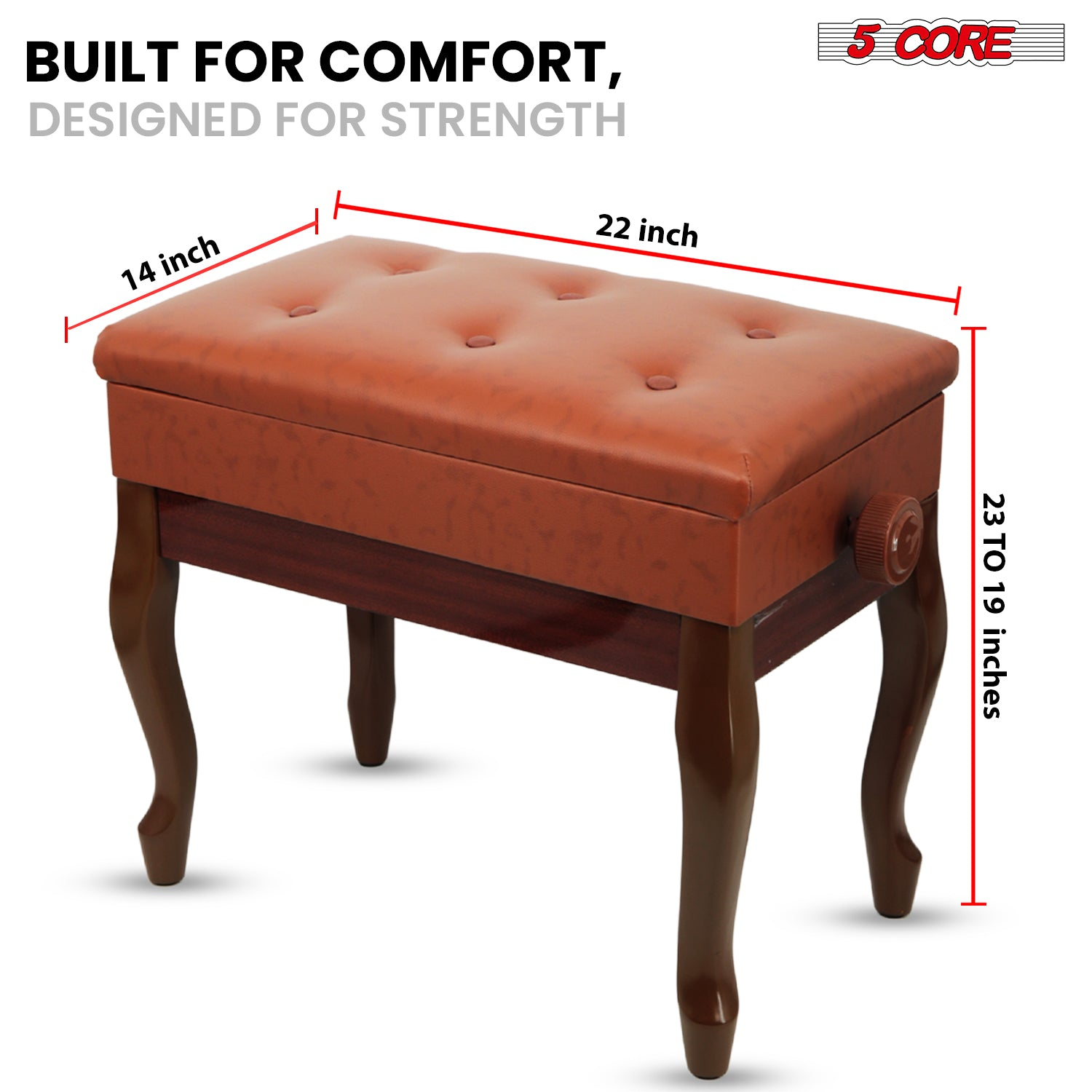 Start2Finish 5 Core piano bench with 3-inch padded cushion, wooden frame, adjustable height, and built-in storage for musicians.