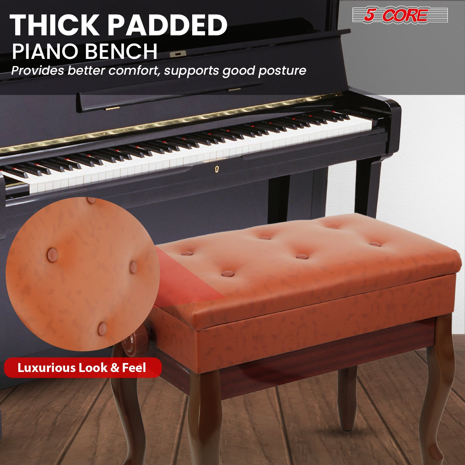 Start2Finish 5 Core piano bench with 3-inch padded cushion, wooden frame, adjustable height, and built-in storage for musicians.