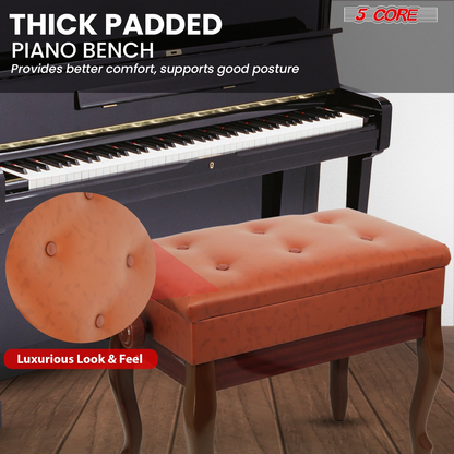 Start2Finish 5 Core piano bench with 3-inch padded cushion, wooden frame, adjustable height, and built-in storage for musicians.
