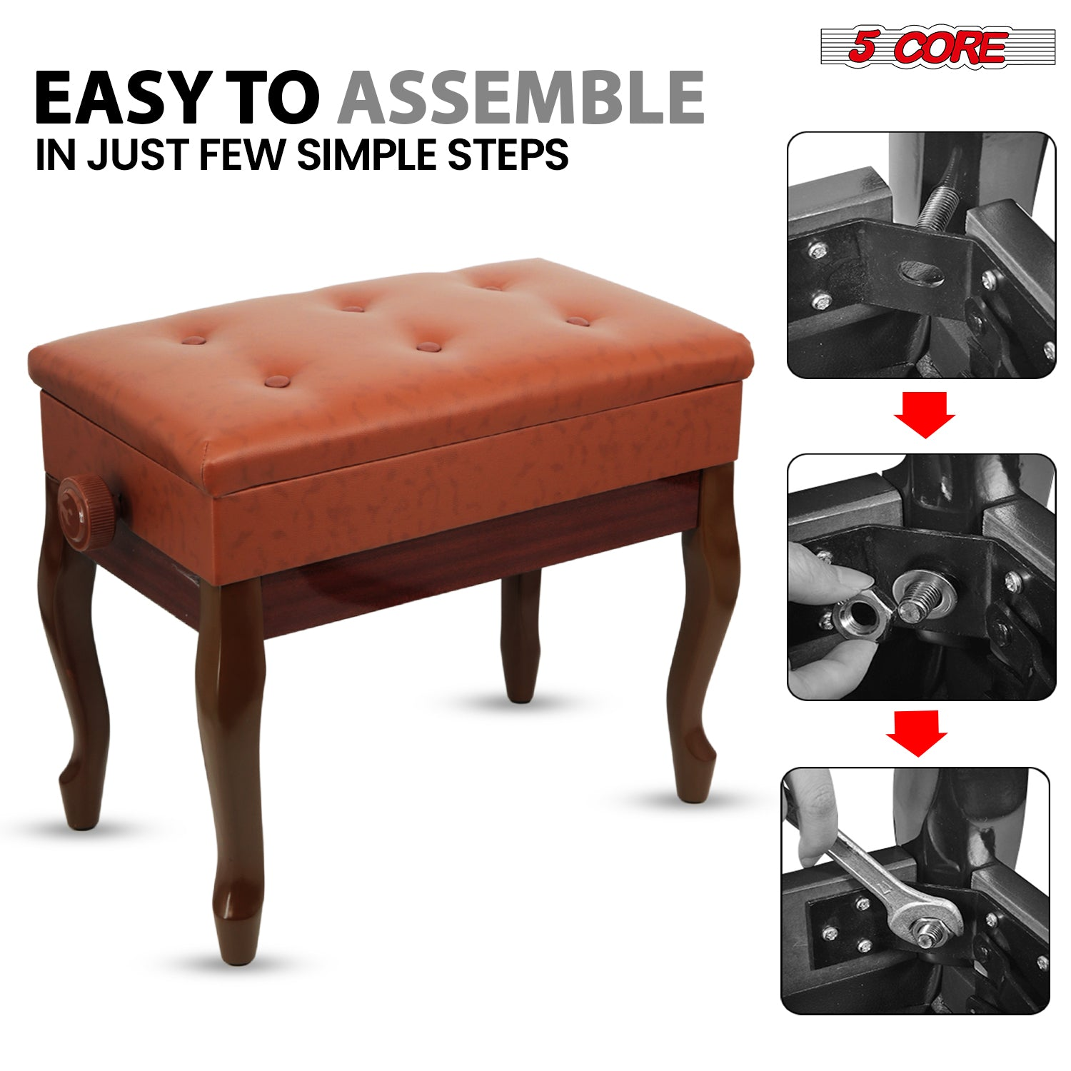 Start2Finish 5 Core Piano Bench with 3-inch padded cushion, wooden construction, adjustable height, and built-in storage for musicians.