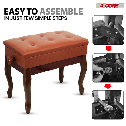 Start2Finish 5 Core Piano Bench with 3-inch padded cushion, wooden construction, adjustable height, and built-in storage for musicians.