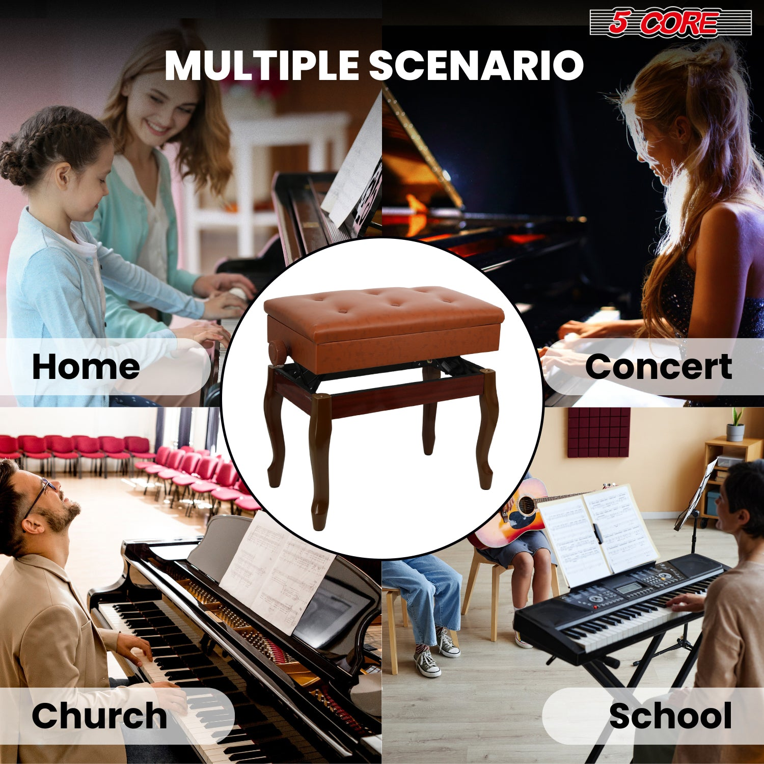 Start2Finish 5-core padded piano bench with wooden frame, adjustable height, cushioned seat, and built-in storage for musicians.