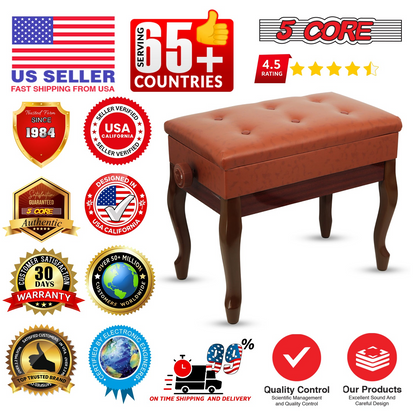 Start2Finish 5 core piano bench with 3-inch padded cushion, wooden construction, adjustable height, and built-in storage for musicians.