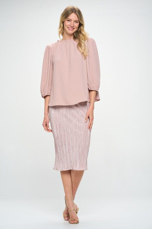 Jade Icarus Made in USA solid plisse midi skirt with pleats, shown in a natural fabric finish, stylish and versatile for everyday wear.