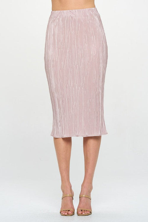 Made in USA solid plisse midi skirt by Jade Icarus, showcasing the textured fabric and elegant length.