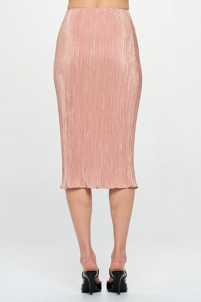 Made in USA Jade Icarus solid plisse midi skirt with a flowing fabric and waistband, displayed on a mannequin.