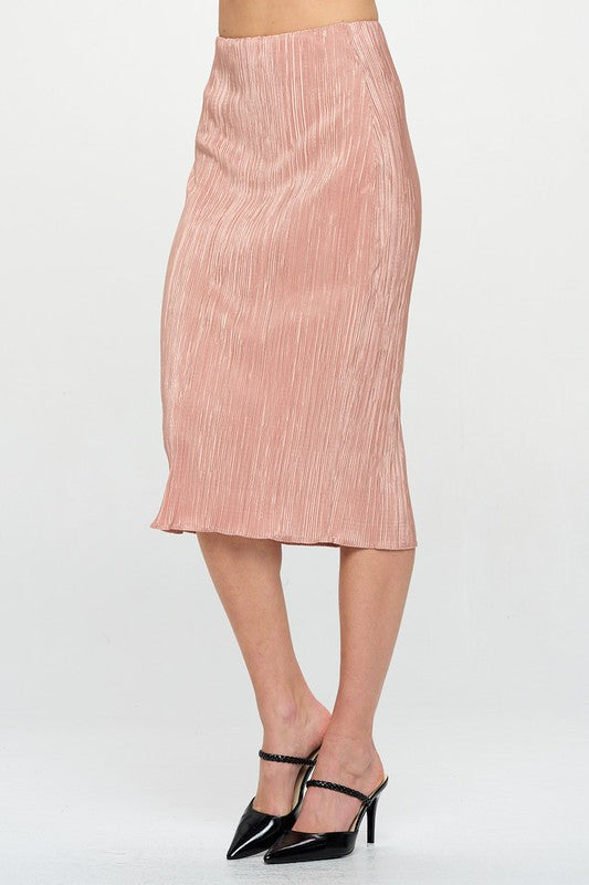Jade Icarus Made in USA solid plisse midi skirt, displayed in a natural fabric drape with pleated design on a plain background.
