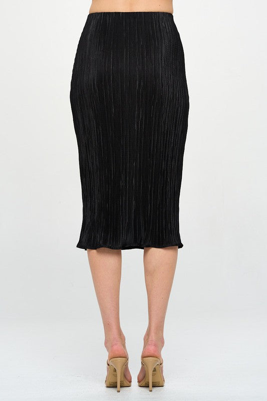 Jade Icarus Made in USA solid plisse midi skirt with automotive-inspired design, shown in a natural fabric fold and pleated style.