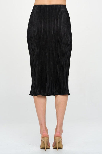 Jade Icarus Made in USA solid plisse midi skirt with automotive-inspired design, shown in a natural fabric fold and pleated style.