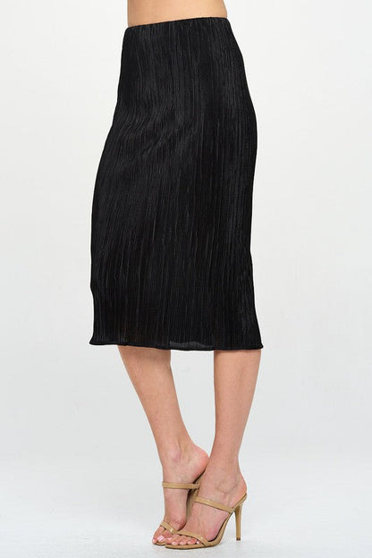 Jade Icarus Made in USA solid plisse midi skirt, automotive-inspired design with pleated fabric, displayed on a mannequin.