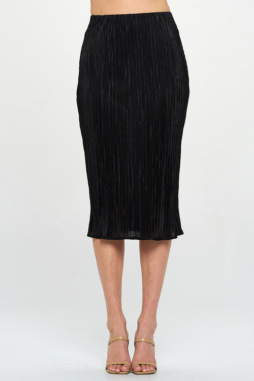Jade Icarus Made in USA solid plisse midi skirt, shown in a stylish automotive-inspired design, with pleated fabric and mid-length cut.