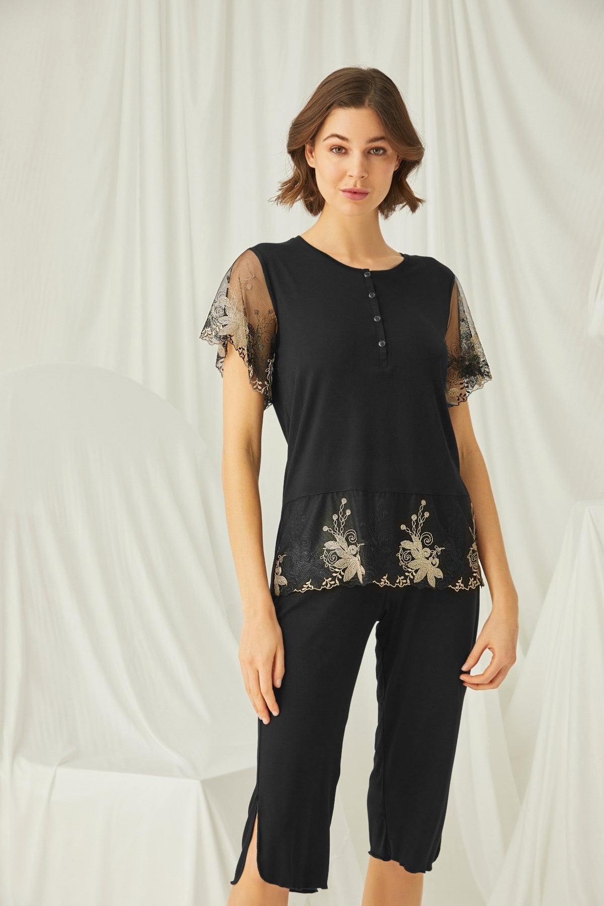 Burgundy Artemis Shopymommy 19172 lace plus size maternity and nursing capri pajamas, featuring soft fabric and lace details.