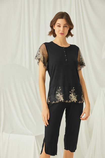 Burgundy Artemis Shopymommy 19172 lace plus size maternity and nursing capri pajamas, featuring soft fabric and lace details.