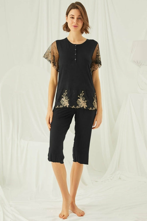 Burgundy Artemis Shopymommy 19172 lace plus size maternity and nursing capri pajamas with floral lace details and soft fabric.